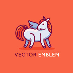 Vector logo design template with happy and friendly unicorn - emblem for kids store, shop or service