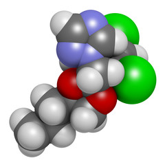 Propiconazole antifungal molecule (triazole class). 3D rendering. Atoms are represented as spheres with conventional color coding.
