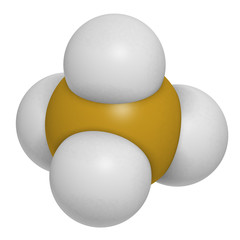 Silane (SiH4) molecule. 3D rendering. Atoms are represented as spheres with conventional color coding: silicon (yellow), hydrogen (white).