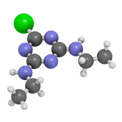 Simazine herbicide molecule. 3D rendering. Atoms are represented as spheres with conventional color coding: hydrogen (white), carbon (grey), chlorine (green), nitrogen (blue).