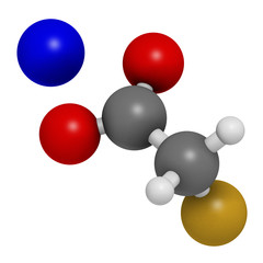 Sodium fluoroacetate pesticide (1080), chemical structure. 3D rendering. Atoms are represented as spheres with conventional color coding.