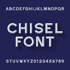 Chisel Alphabet Vector Font. Type letters and numbers. Blue wave background. Chiseled block typeface for your design.