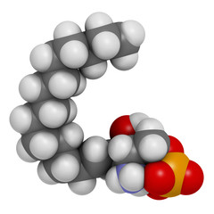 Sphingosine-1-phosphate (S1P) signaling molecule. 3D rendering. Atoms are represented as spheres with conventional color coding.
