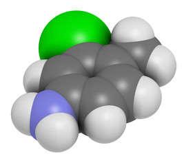 Starlicide avicide molecule (gull toxicant). 3D rendering. Atoms are represented as spheres with conventional color coding: hydrogen (white), carbon (grey), nitrogen (blue), chlorine (green).
