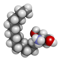 Sphingosine lipid molecule. 3D rendering. Atoms are represented as spheres with conventional color coding: hydrogen (white), carbon (grey), oxygen (red), nitrogen (blue).
