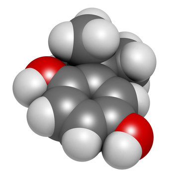 TBHQ (tert-Butylhydroquinone) antioxidant preservative molecule. 3D rendering. Atoms are represented as spheres with conventional color coding: hydrogen (white), carbon (grey), oxygen (red).