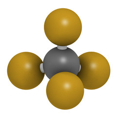 Tetrafluoromethane (carbon tetrafluoride, CF4) greenhouse gas molecule. 3D rendering. Atoms are represented as spheres with conventional color coding: carbon (grey), fluorine (gold).