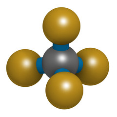 Tetrafluoromethane (carbon tetrafluoride, CF4) greenhouse gas molecule. 3D rendering. Atoms are represented as spheres with conventional color coding: carbon (grey), fluorine (gold).