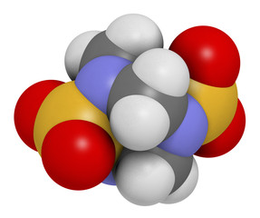 Tetramethylenedisulfotetramine (TETS) rodenticide molecule. 3D rendering. Atoms are represented as spheres with conventional color coding.