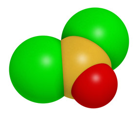 Thionyl chloride (SOCl2) chemical reagent molecule. 3D rendering. Atoms are represented as spheres with conventional color coding: sulfur (yellow), oxygen (red), chlorine (green).