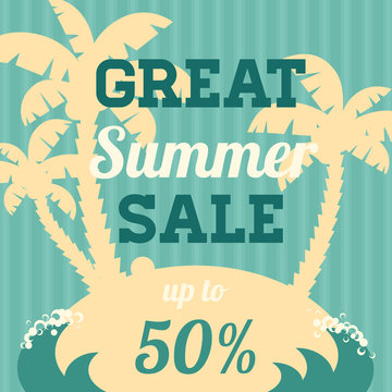Vintage vector summer sale banner. Simple Palm silhouette. Modern Exotic banner, poster, flyer, card, postcard, cover, brochure.