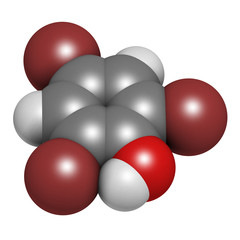 Tribromophenol (TBP, 2,4,6-Tribromophenol) molecule. Used as fungicide and wood preservative; 3D rendering. Atoms are represented as spheres with conventional color coding.