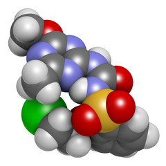 Triasulfuron herbicide molecule. 3D rendering. Atoms are represented as spheres with conventional color coding.