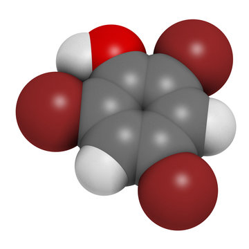 Tribromophenol (TBP, 2,4,6-Tribromophenol) molecule. Used as fungicide and wood preservative; 3D rendering. Atoms are represented as spheres with conventional color coding.