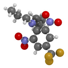 Trifluralin herbicide molecule. 3D rendering. Atoms are represented as spheres with conventional color coding: hydrogen (white), carbon (grey), nitrogen (blue), oxygen (red), fluorine (gold).
