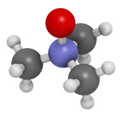 Trimethylamine N-oxide (TMAO) molecule. 3D rendering. Atoms are represented as spheres with conventional color coding: hydrogen (white), carbon (grey), nitrogen (blue), oxygen (red).