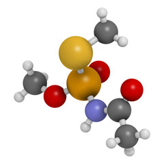 Acephate insecticide molecule. 3D rendering. Atoms are represented as spheres with conventional color coding.