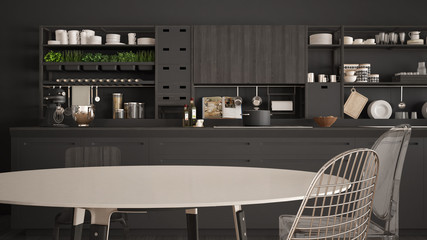 Minimalist white and gray wooden kitchen close-up, scandinavian classic interior design