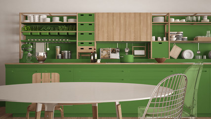 Minimalist white and green wooden kitchen close-up, scandinavian classic interior design