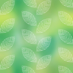 Seamless green background with white decorative leaves. Bokeh effect.
