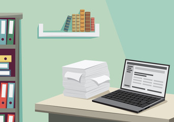 
Empty office with laptop and stack of papers. Looking for a new employee. Vector cartoon simple illustration.