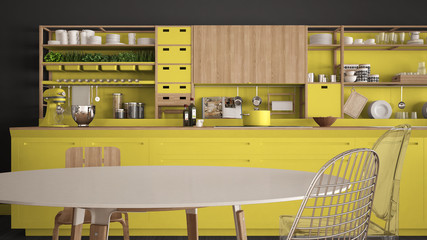 Minimalist white and yellow wooden kitchen close-up, scandinavian classic interior design