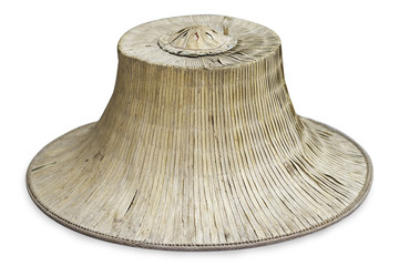 Weave hat, hat made of bamboo and palm leaves shaped like an inverted basin on white background with copy space