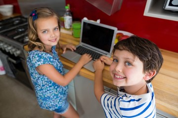 Smiling siblings using laptop in kitchen