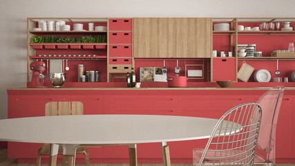 Minimalist white and red wooden kitchen close-up, scandinavian classic interior design