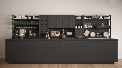 Minimalist gray wooden kitchen with appliances close-up, scandinavian classic interior design