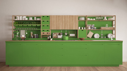 Minimalist green wooden kitchen with appliances close-up, scandinavian classic interior design