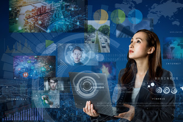 online curation media concept. electronic newspaper. young woman holding laptop PC and various news images. abstract mixed media.