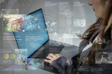 online curation media concept. electronic newspaper. young woman holding laptop PC and various news...