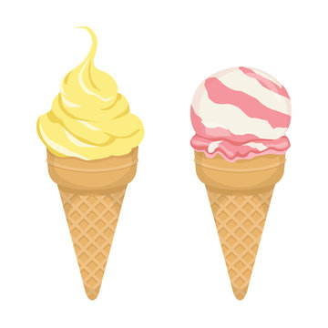 Set of two types of ice cream - vanilla and strawberry - vector illustration