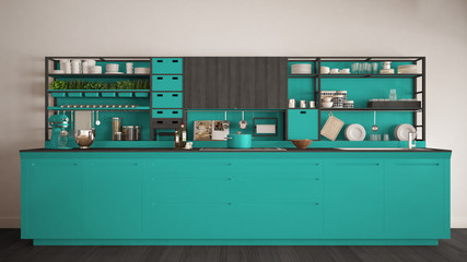 Minimalist turquoise wooden kitchen with appliances close-up, scandinavian classic interior design