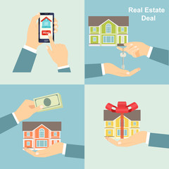 Sale purchase and rental of property. Bunch of keys in his hand. Real estate services. Buying and selling house. Vector flat illustration