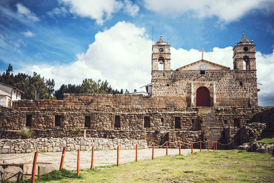 Antique church placed on ancient Inca temple ruins in the village Vilcashuaman, Ayacucho, Peru.
