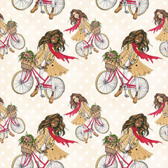 Fototapeta na wymiar Girl On Bycicle Hand-Painted Spring Floral Illustration Seamless Pattern Background Texture Wallpaper Scrapbook