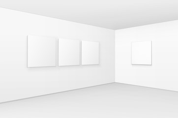 Vector Empty Blank White Mock Up Posters Pictures Frames on Walls with Floor in Gallery