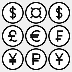 Set of monochrome icons with different currency symbols