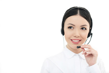 portrait of smiling call center operator in headset isolated on white