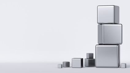 Metal cubes on a white background. Abstraction of the background. 3d render.