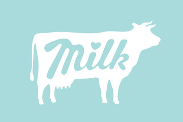 Lettering Milk and silhouette cow, hand written design for label, brand, badge. Graphic design logo for farm dairy shop, branding and advertising. Vector Illustration