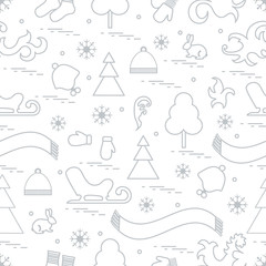 Seamless pattern with variety winter elements:  sleigh, tree, scarf, hat, mittens, socks and other.