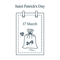 Cute vector illustration: calendar with a bag full of gold coins and clover for St. Patrick's Day.