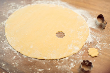close up view of raw dough and cookie cutters on table