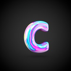 Glossy holographic alphabet letter C lowercase isolated on black background.