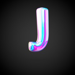 Glossy holographic alphabet letter J uppercase isolated on black background.