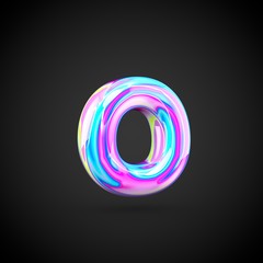 Glossy holographic alphabet letter O lowercase isolated on black background.