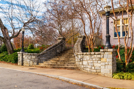 The stone stairs to Magnolia Hall in the Piedmont Park in autumn day, Atlanta, USA.